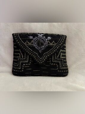 Mary Frances Black and Silver Beaded Envelope Clutch- Rare Structured Style